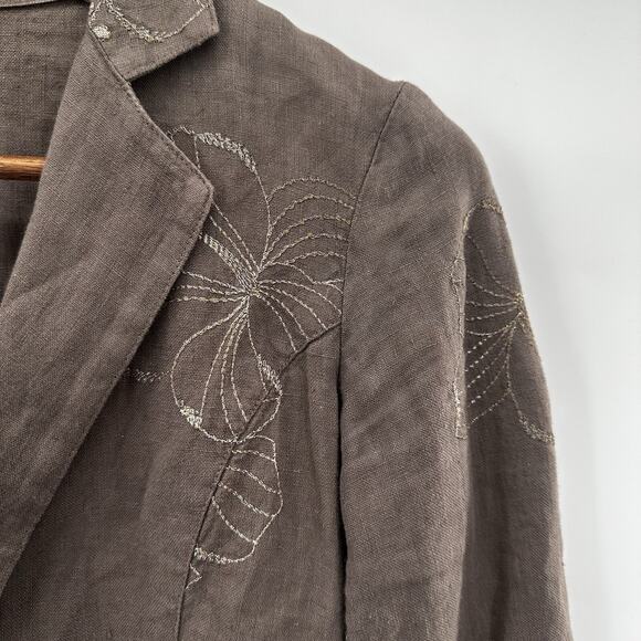 120% Lino Blazer Womens Medium 40 Brown Tan Embroidred Sport Jacket Linen - Picture 2 of 12
